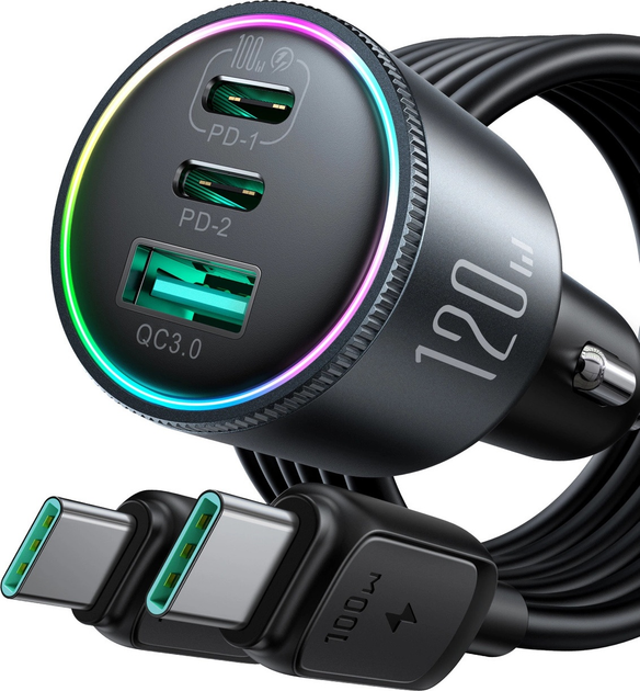 Автомобільний зарядний пристрій Joyroom JR-CCN07 100 Вт 2 x USB-C + USB-A + кабель USB-C Dark Grey (6956116788780) - зображення 8