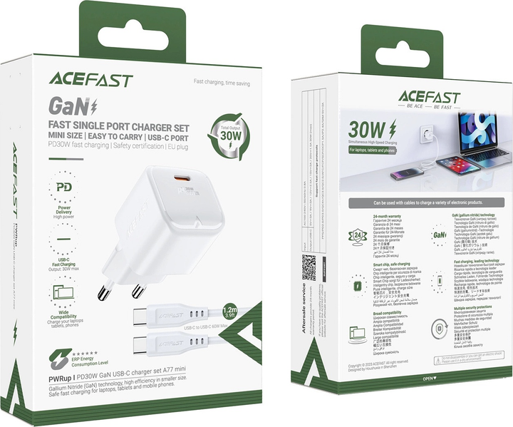 Ładowarka sieciowa Acefast A77 Mini PD 30 W GaN USB-C + kabel USB-C White (6974316282853) - obraz 7