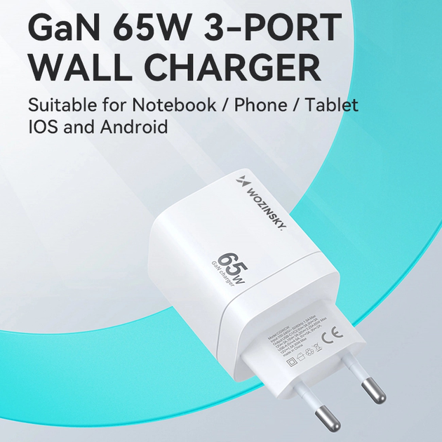 Ładowarka sieciowa Wozinsky CGWCW 65 W GaN 2 x USB-C + USB-A White (5907769308543) - obraz 4