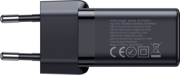 Ładowarka sieciowa JOYROOM JR-TCN03 4 x USB-A 24 W 4.8 A Black (6956116753450) - obraz 3