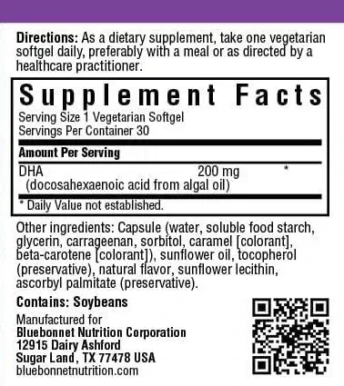 Вегетаріанська омега-3 з водоростей, DHA 200 мг, Bluebonnet Nutrition, 30 рослинних капсул - зображення 3