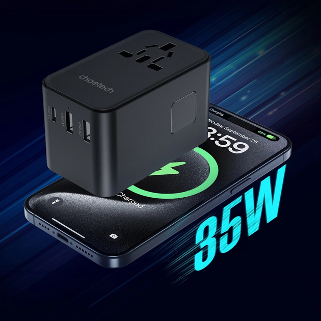 Ładowarka sieciowa podróżna CHOETECH PD5020 2 x USB-A + USB-C 35 W US/EU/UK/AU z wbudowanym kablem USB-C Black (6932112106872) - obraz 4