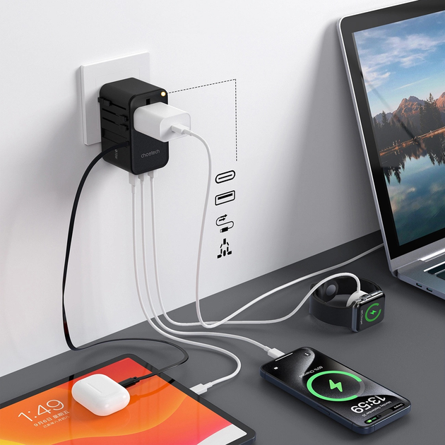 Ładowarka sieciowa podróżna CHOETECH PD5020 2 x USB-A + USB-C 35 W US/EU/UK/AU z wbudowanym kablem USB-C Black (6932112106872) - obraz 5