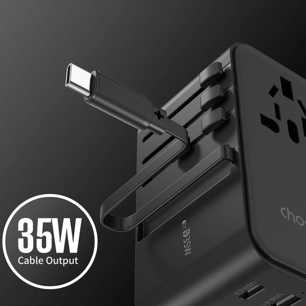 Ładowarka sieciowa podróżna CHOETECH PD5020 2 x USB-A + USB-C 35 W US/EU/UK/AU z wbudowanym kablem USB-C Black (6932112106872) - obraz 7