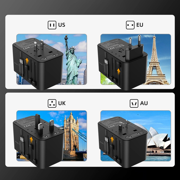 Ładowarka sieciowa podróżna CHOETECH PD5021 2 x USB-A + USB-C 45 W US/EU/UK/AU z wbudowanym kablem USB-C Black (6932112106889) - obraz 6