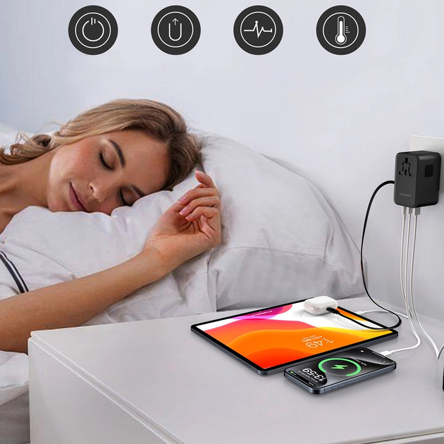 Ładowarka sieciowa podróżna CHOETECH PD5021 2 x USB-A + USB-C 45 W US/EU/UK/AU z wbudowanym kablem USB-C Black (6932112106889) - obraz 8