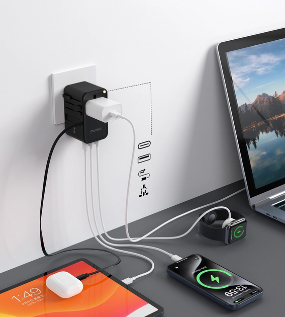 Ładowarka sieciowa podróżna CHOETECH PD5022 2 x USB-A + USB-C 70 W US/EU/UK/AU z wbudowanym kablem USB-C Black (6932112106896) - obraz 4