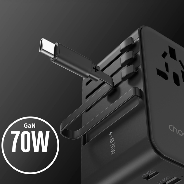 Ładowarka sieciowa podróżna CHOETECH PD5022 2 x USB-A + USB-C 70 W US/EU/UK/AU z wbudowanym kablem USB-C Black (6932112106896) - obraz 5