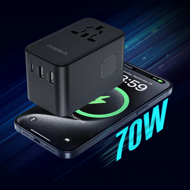 Ładowarka sieciowa podróżna CHOETECH PD5022 2 x USB-A + USB-C 70 W US/EU/UK/AU z wbudowanym kablem USB-C Black (6932112106896) - obraz 9