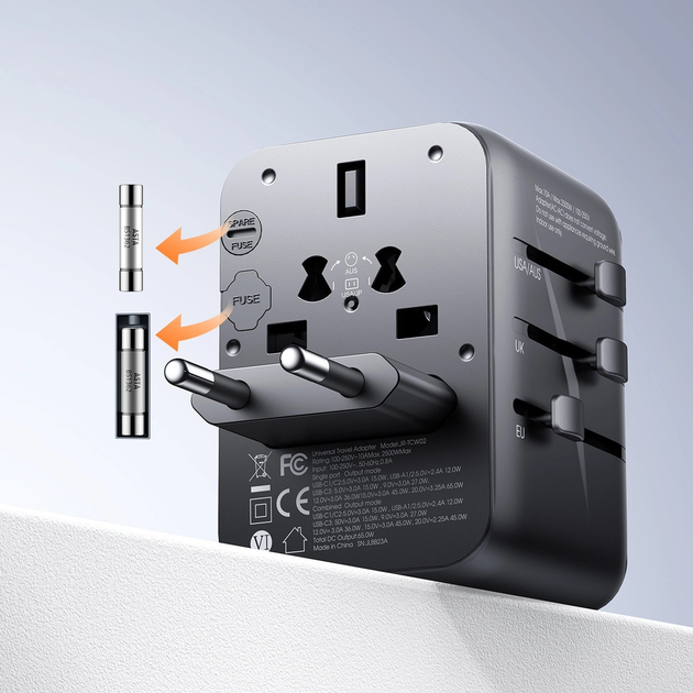 Мережевий зарядний пристрій JOYROOM JR-TCW01 3 x USB-A + USB-C 17 Вт US/EU/UK/AU/JP/CN Black (6956116701963) - зображення 10