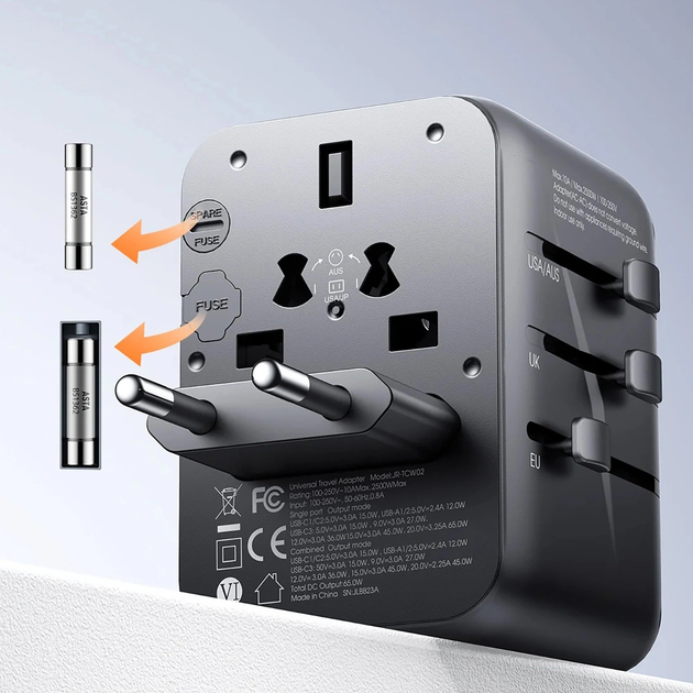 Ładowarka sieciowa podróżna JOYROOM JR-TCW02 2 x USB-A + 3 x USB-C 65 W US/EU/UK/AU/JP/CN Black (6956116701970) - obraz 10