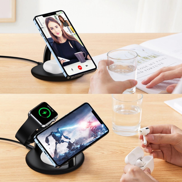 Бездротова зарядна станція CHOETECH 3 in 1 T587-F для iPhone / AirPods Pro / Apple Watch Black (6932112102713) - зображення 4