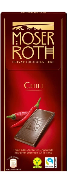 Шоколад черный со вкусом перца чили Moser Roth Chili темный с перцем 125 г - Фото 1 Шоколад черный со вкусом перца чили Moser Roth Chili темный с перцем 125 г - изображение 1