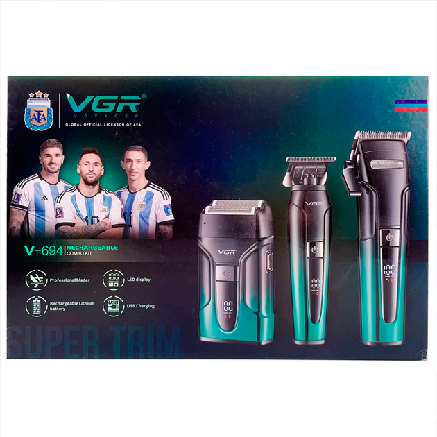 Набір VGR 3 в 1 V-694 BLUE акумуляторна машинка для стрижки, тример та електробритва - зображення 5