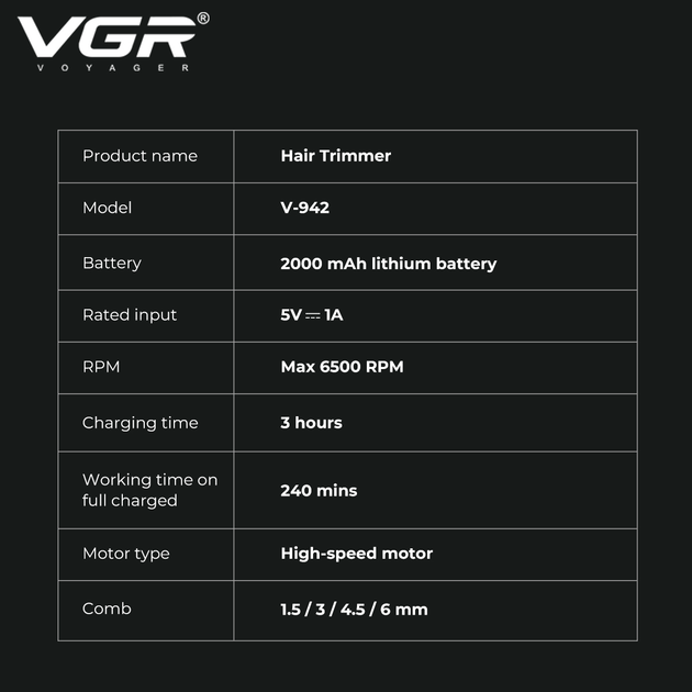 Триммер аккумуляторный VGR V-942 BROWN, 4 насадки, LED дисплей - изображение 2