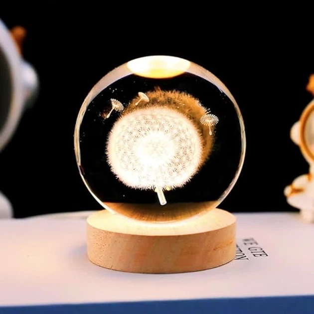 Нічник 3D Декоративна лампа Кульбаба Дитячий нічний світильник, кришталева скляна куля RGВ з живленням від USB 6х6х2 см - зображення 3