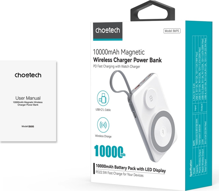 УМБ Choetech B695 20W Apple Watch MagSafe 10000 mAh White (6932112106094) - зображення 4