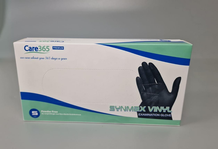 Рукавички вінілові CARE 365 без пудри, розмір S, 100 штук одноразові, універсальні чорні - зображення 2