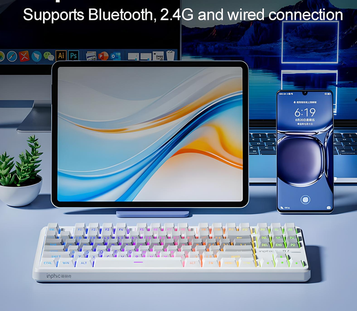 Механічна клавіатура Inphic K87 c комбінованим підключенням, підсвічуванням, 8000 мАг, Switch: Black-Gold, G - зображення 4