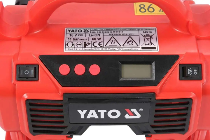 Akumulatorowy kompresor YATO 18 V 3 Ah 60 W do 11 Bar 21 l/min bez akumulatora (YT-23248)   - obraz 4