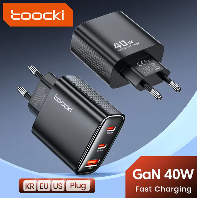 Зарядний пристрій Toocki GaN 40W Fast Charge на 3 порти 2 USB-C і 1 USB-A - зображення 2