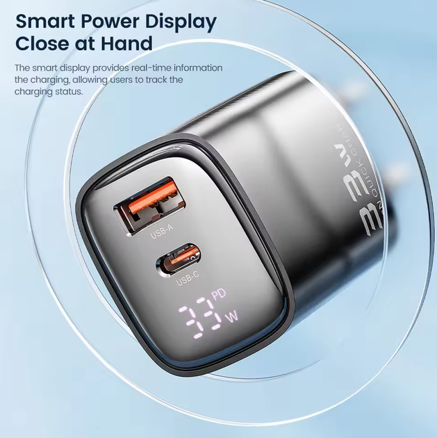 Блок быстрой зарядки с цифровым дисплеем Toocki 33W GAN Display Type-c USB - изображение 2