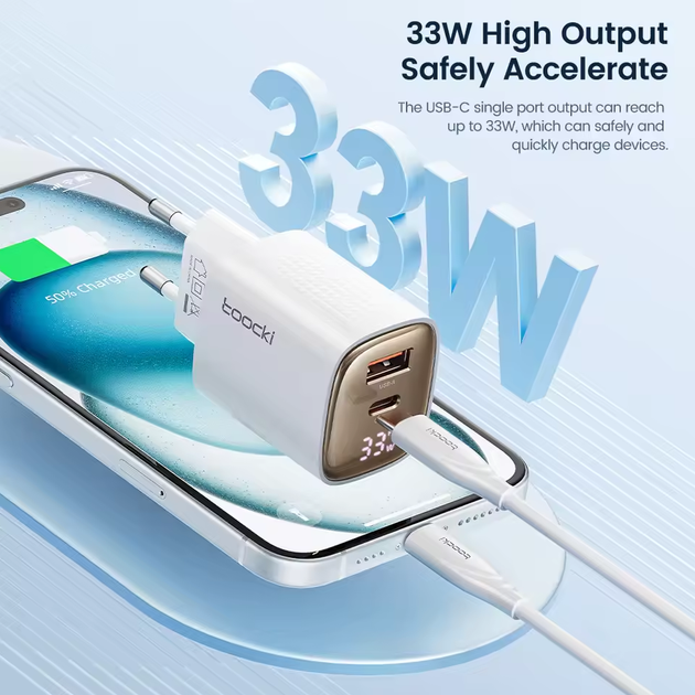 Блок быстрой зарядки с цифровым дисплеем Toocki 33W GAN Display Type-c USB - изображение 5