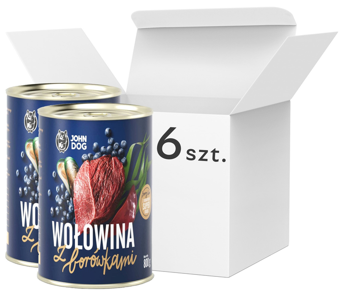 Opakowanie mokrej karmy dla psów John Dog Berry Adult z wołowiną i borówkami 6 szt x 800 g (5903246845501) - obraz 1