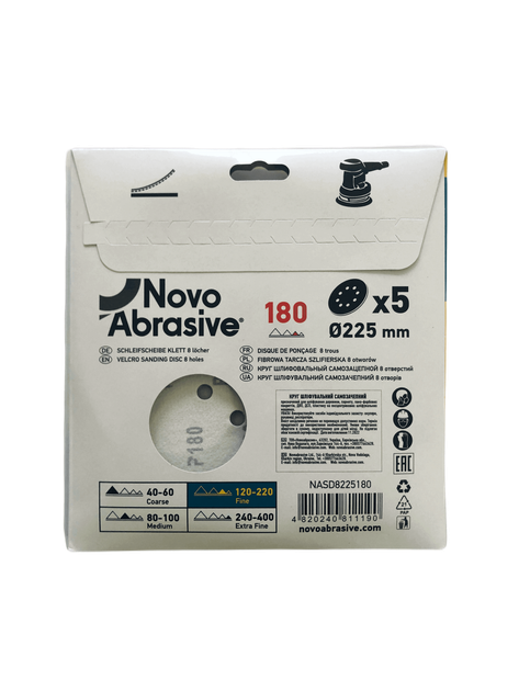 Круг шлифовальный самозацепной NovoAbrasive 225 мм Р180, 8 отверстий, 5 шт (NASD8225180) - Фото 2 Круг шлифовальный самозацепной NovoAbrasive 225 мм Р180, 8 отверстий, 5 шт (NASD8225180) - изображение 2
