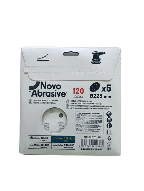 Круг шлифовальный самозацепной NovoAbrasive 225 мм Р120, 8 отверстий, 5 шт (NASD8225120) - Фото 2 Круг шлифовальный самозацепной NovoAbrasive 225 мм Р120, 8 отверстий, 5 шт (NASD8225120) - изображение 2