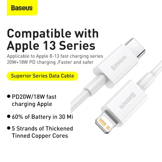 Кабель для Iphone на 1,5м. Type-C to Lightning Superior Series 20W білий, Baseus для зарядки та передачі даних (CATLYS-B02) - Фото 6 Кабель для Iphone на 1,5м. Type-C to Lightning Superior Series 20W білий, Baseus для зарядки та передачі даних (CATLYS-B02) - изображение 6