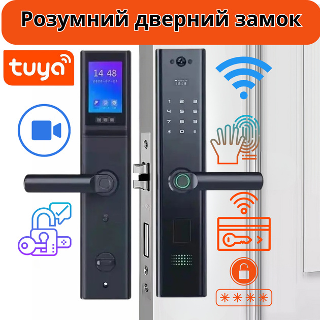 Розумний дверний замок з камерою Wi-Fi відбитком пальця і ключ-картою Чорний (JDT-0847123) - зображення 2