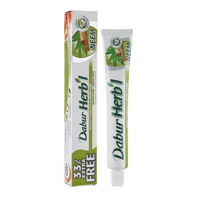Натуральна зубна паста без фтору з німом, для догляду за яснами Dabur Herb'l Natural Toothpaste For Gum Care Neem, 75 г + 25 г - Фото 2 Натуральна зубна паста без фтору з німом, для догляду за яснами Dabur Herb'l Natural Toothpaste For Gum Care Neem, 75 г + 25 г - зображення 2