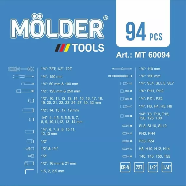 Профессиональный набор инструментов в кейсе MOLDER MT60094 94 единиц - изображение 7