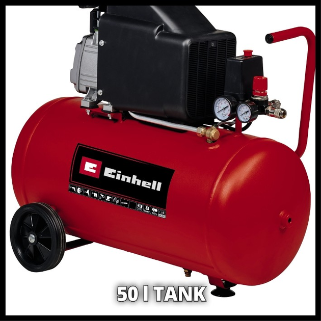 Мощный масляный компрессор Einhell TC-AC 270/50/8: 1,8 кВт /2,5 л.с. 2850 об/мин, 270 л/мин, 8 бар - Фото 4 Мощный масляный компрессор Einhell TC-AC 270/50/8: 1,8 кВт /2,5 л.с. 2850 об/мин, 270 л/мин, 8 бар - изображение 4