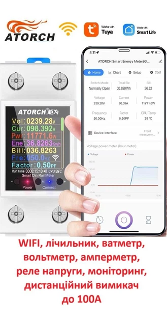 Умный WIFI счетчик электроэнергии Atorch GR2PWS, ваттметр, вольтметр, амперметр с цветным экраном и функцией реле напряжения, мониторинга и дистанционного выключения. На DIN рейкe - изображение 14