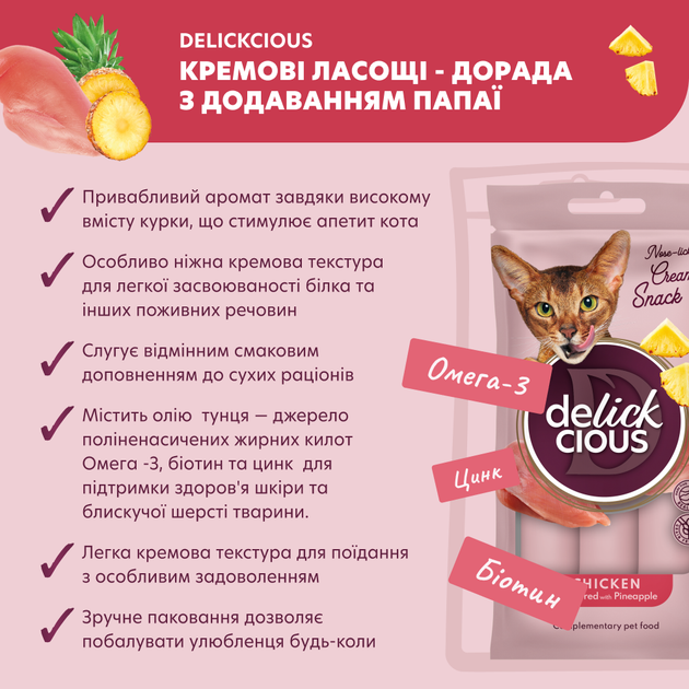 Кремові ласощі Delickcious Курка з ананасом 4 х 15 г 18 шт. (D6251102) - Фото 3 Кремові ласощі Delickcious Курка з ананасом 4 х 15 г 18 шт. (D6251102) - зображення 3