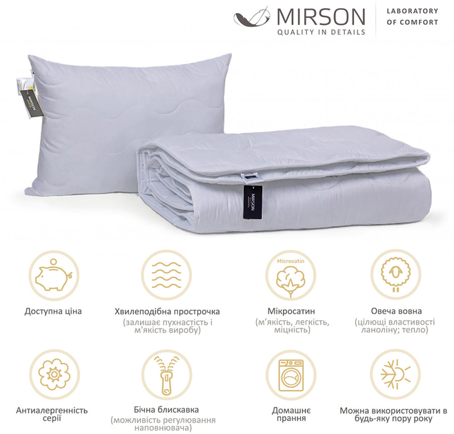 Набор Шерстяный MirSon Супер Теплый №9030 Eco Light Gray (одеяло 140x205 см + подушка 50х70 средняя) (2200005993415) 