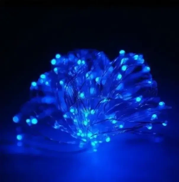 Гирлянда праздничная работает от батареек и USB-цвет синий 100 Led 10m на медной проволоке (Капля росы) - изображение 3