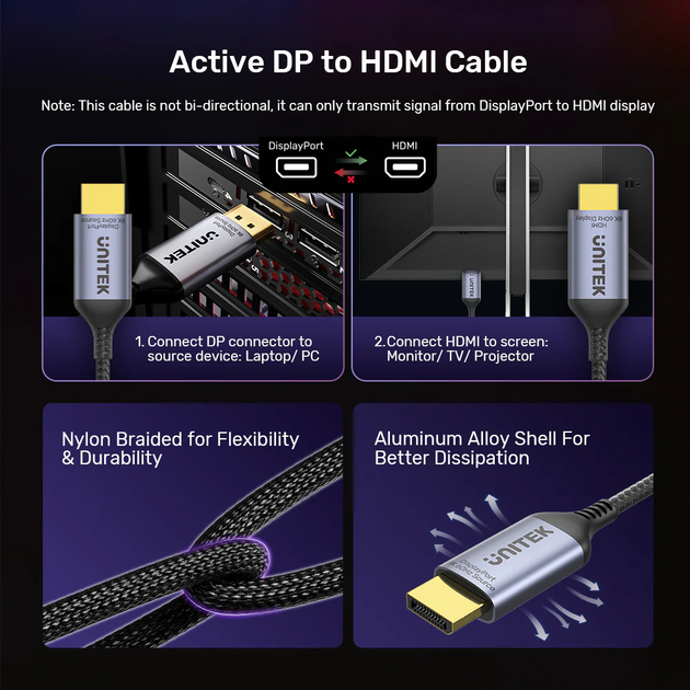 Кабель Unitek DisplayPort 1.4 to HDMI 8K Cable Space Grey (V1610A01) - зображення 3