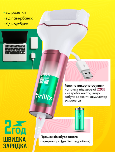 Электрическая пилка электро пемза Brillix для пяток и ног электропемза роликовая аккумуляторная шлифовальная машинка аппарат терка с функцией самоочищения и аккумулятором (CRFF-10) - изображение 6