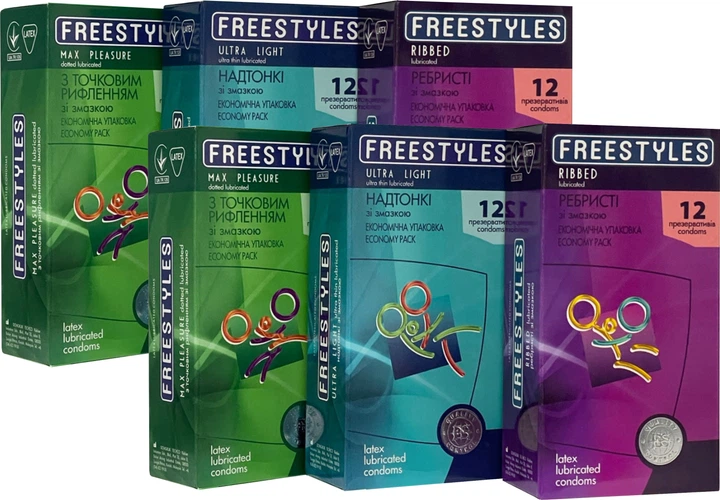 Набор презервативов Freestyles Ultra Light + Ribbed + Max Pleasure 6 упаковок по 12 шт (ROZ6501053590) - Фото 1 Набор презервативов Freestyles Ultra Light + Ribbed + Max Pleasure 6 упаковок по 12 шт (ROZ6501053590) - изображение 1
