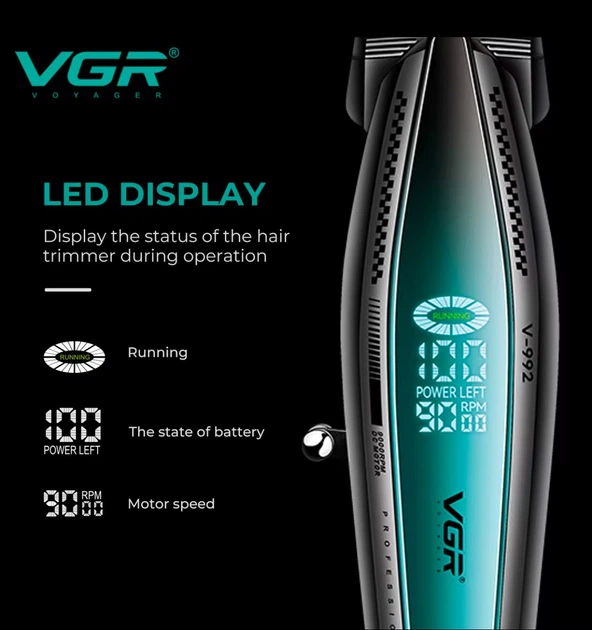 Аккумуляторный триммер для стрижки бороды и усов с USB и LED-дисплеем VGR V-992 Pro Черный + Масло - изображение 8