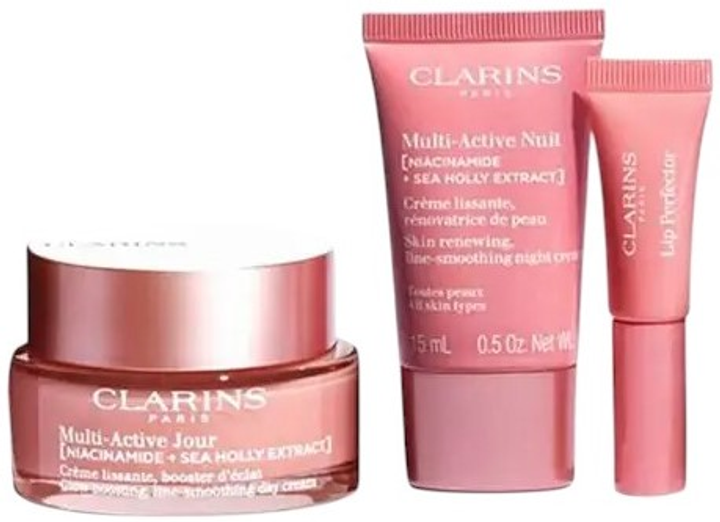 Zestaw do pielęgnacji twarzy Clarins Multi-Active Krem na dzień 50 ml + Krem na noc 15 ml + Błyszczyk do ust 5 ml (3666057327476) - obraz 3