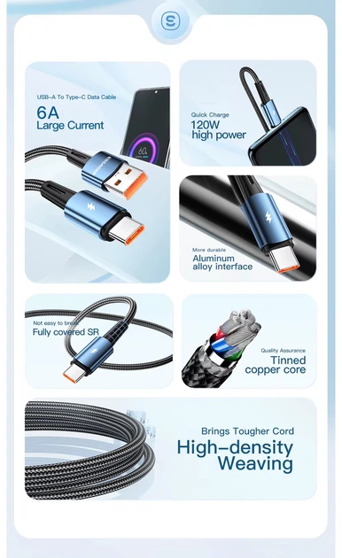 Кабель Essager USB to Type-C, 120W 6A, 2м, 480 Мбіт/с, передача даних / зарядка, підвищеної міцності, чорний - Фото 2 Кабель Essager USB to Type-C, 120W 6A, 2м, 480 Мбіт/с, передача даних / зарядка, підвищеної міцності, чорний - зображення 2