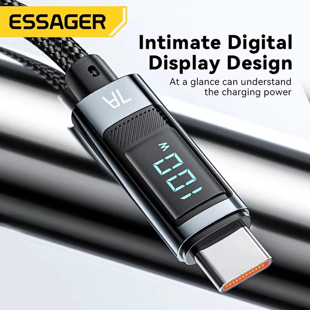 Кабель Essager USB to Type-C (v2), 100W 7A, 2м, з дисплеєм, AI чіп, 480 Мбіт/с, передача даних / зарядка, підвищеної міцності, Сірий - зображення 4