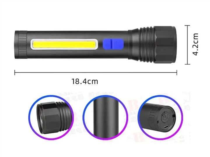 Фонарь полицейский Bailong CB-C12-P50-COB светодиодный анодированный алюминий USB аккумулятор 18650 ZOOM - изображение 3