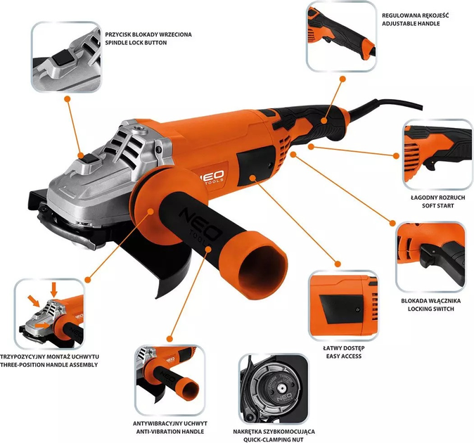 Кутова шліфувальна машина NEO Tools 3000 Вт 230 мм 04-715 (5907558498202) - зображення 8