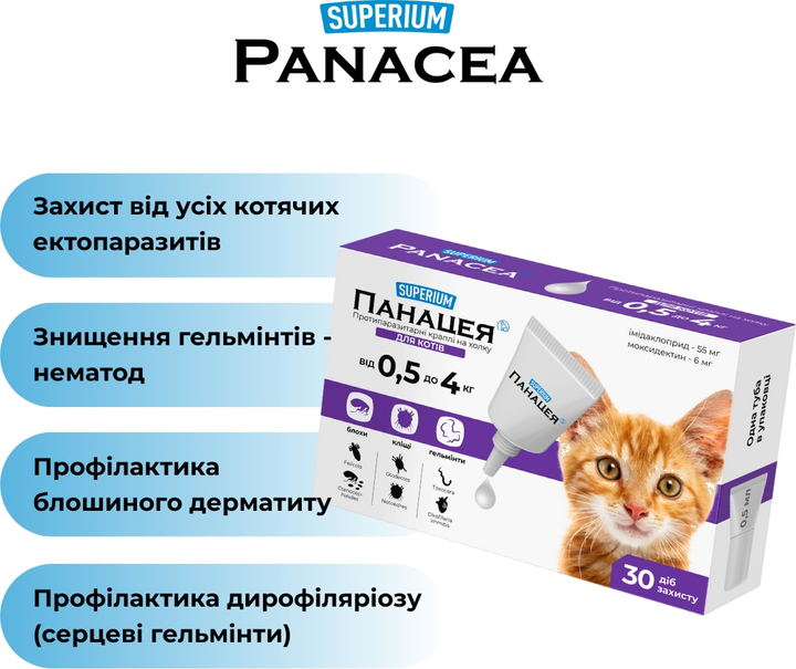 Противопаразитарные капли на холку SUPERIUM Panacea для котов от 0.5 до 4 кг 