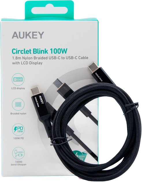 Kabel Aukey USB-C - USB-C PD 100W LED 1.8 m Black (CB-MCC102 BK) - obraz 4